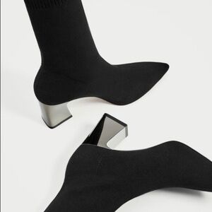 Zara Black Glove Knit Fabric Heeled Boots
